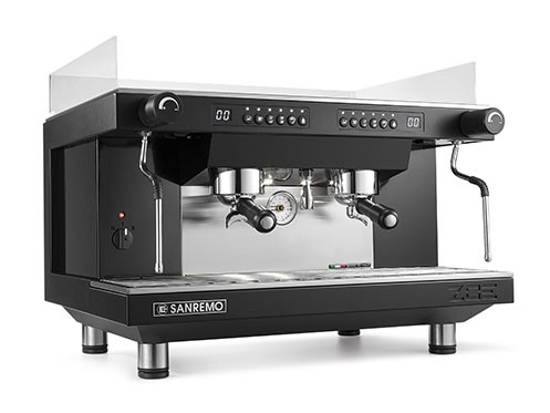 Front side view of the two group Zoe Competition commercial espresso machine by Sanremo. Black with traditional or lower group height. Programmable Volumetric Dosing